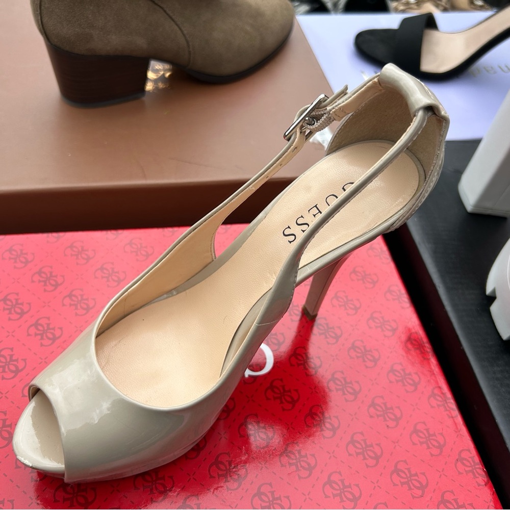 Guess Cream Peep Toe Slingback Heels